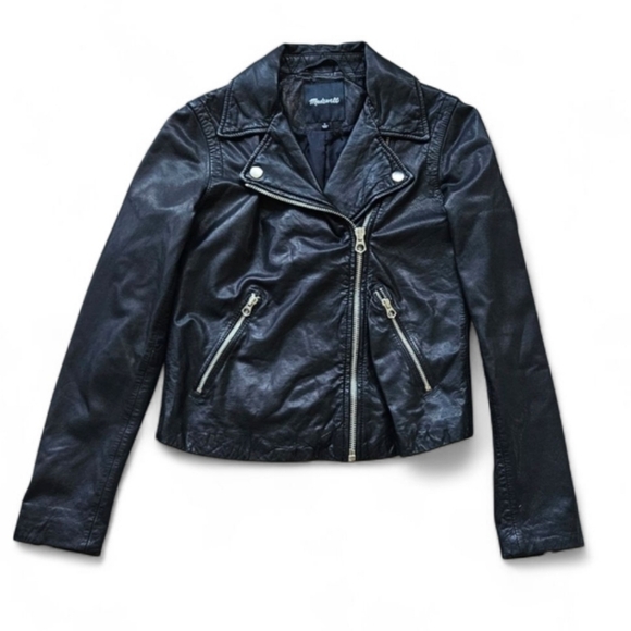 ⭐ Madewell Washed Soft Black Leather Motorcycle Moto Jacket Womens Sz Small 1220 - Picture 2 of 11